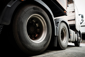 Obraz na płótnie Canvas Semi Trailer Truck Wheels Tires. Industry Freight Truck Logistics Cargo Transport. 
