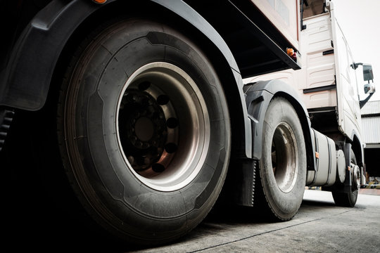 Semi Trailer Truck Wheels Tires. Industry Freight Truck Logistics Cargo Transport.	