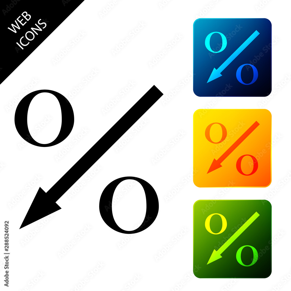 Poster percent down arrow icon isolated. decreasing percentage sign. set icons colorful square buttons. vec