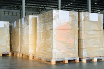 Packaging Boxes Wrapped Plastic Film on Pallets Rack in Storage Warehouse. Supply Chain. Storehouse...