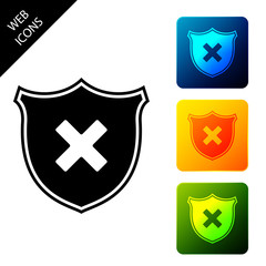 Shield and cross x mark icon isolated. Denied disapproved sign. Protection, safety, security concept. Set icons colorful square buttons. Vector Illustration