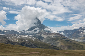 View closeup Matterhorn mountain, scene in national park Zermatt