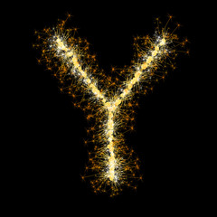 Bengal lights golden glittering sparks leters set. Vector shining golden figures of sparkles and stars on black background.