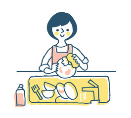 家事　食器洗いをする女性　ピンク
