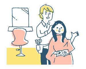 ヘアサロン　女性と美容師　ピンク