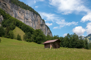 View valley of waterfalls in national park of city Lauterbrunnen, Switzerland