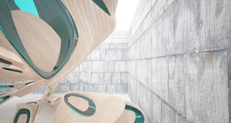 Empty abstract concrete, glass and wood smooth interior. Architectural background. 3D illustration and rendering