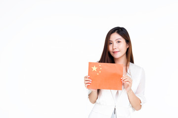 Business concept : Young woman stand smile holding China flag with white background,