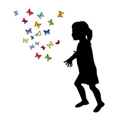 Girl silhouette playing with colored butterflies