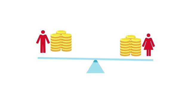 Animated video displaying pay gap gender inequality - coins balancing out a scale with a man and woman (on transparent background/alpha channel)