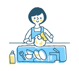 家事　食器洗いをする女性　ブルー