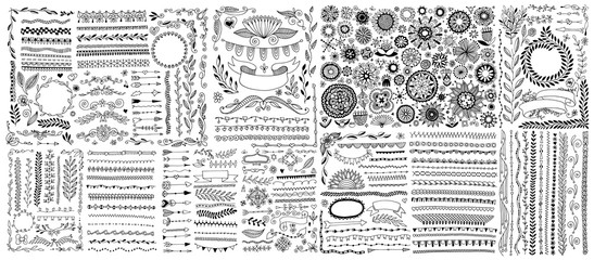 big set of doodle sketch flower design elements, floral drawing - obrazy, fototapety, plakaty