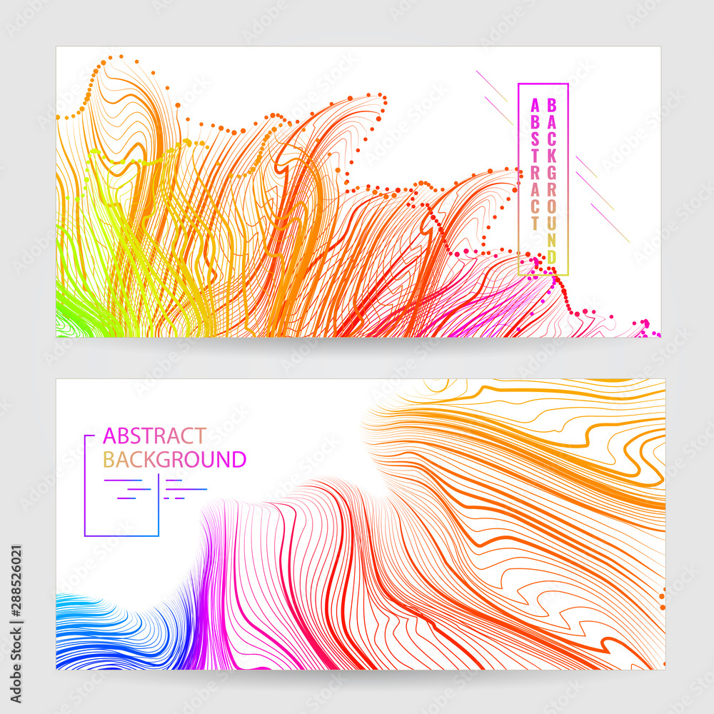 Poster set banners with abstract background with many wavy multicolored deformed lines and dots.