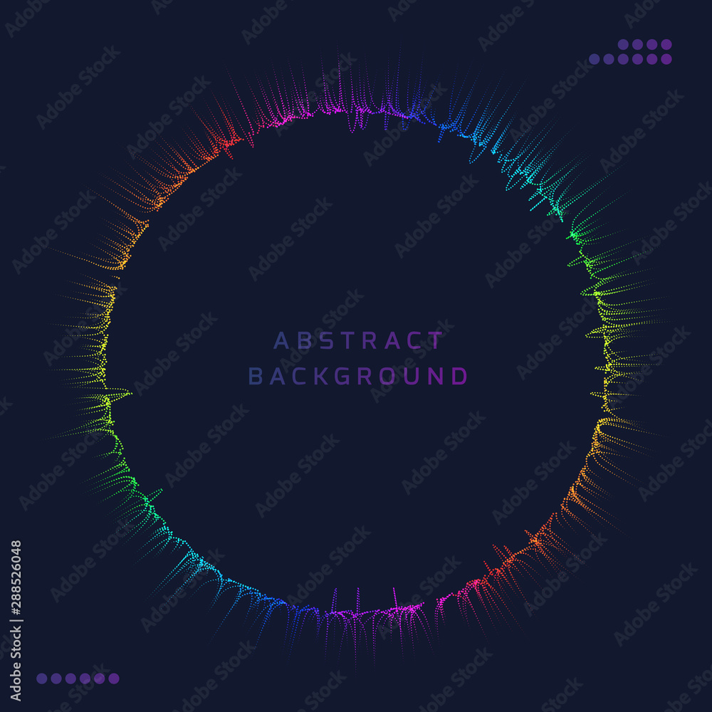 Poster many sharp curve сolourful short dotted lines in the form of a burst on dark background. abstract sh