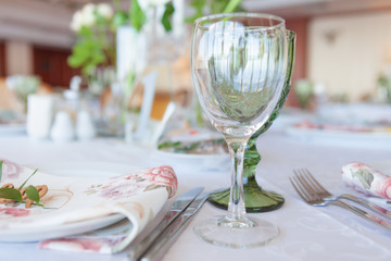 Empty glasses set in restaurant. Part of interior. Close-up