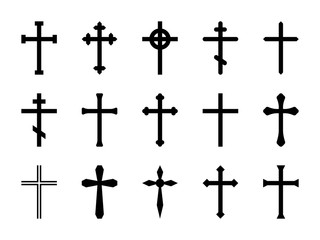 Christian crosses. Catholic, orthodox and celtic cross crucifix. Faith and prayer religious, church sign vector isolated set