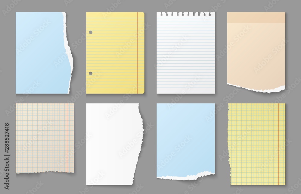 Poster torn notebook paper. ripped edges of note sheets, color blank paper messages and reminder stickers v