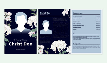 Botanical memorial and funeral invitation card template design, white Chrysanthemum morifolium and Woolly rock jasmine flowers, dark blue tone