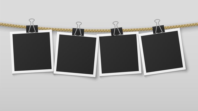 Photo frame hanging on rope. Blank photo paper frames, retro picture exhibition and clothespins. Vector album