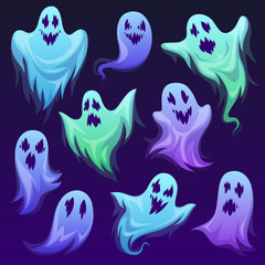 Ghost character. Halloween scary ghostly monster and spooks. Cute funny friendly ghoul, horror phantoms and holiday costume vector design