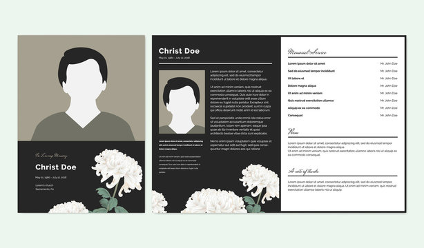Botanical memorial and funeral invitation card template design, white Chrysanthemum morifolium flowers, black and white tones