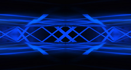 Tunnel in blue neon light, underground passage. Abstract blue background. Background of an empty black corridor with neon light. Abstract background with lines and glow. 3D illustration