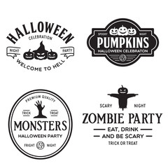 Vintage set of happy halloween vintage badges, emblems and labels. Halloween party templates with pumpkin, zombie, scarecrow.