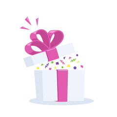 flat vector image on a white background, box with a festive bow and fireworks flying out of it, happy birthday