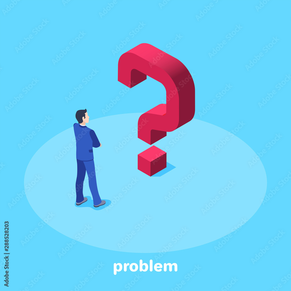 Aufkleber isometric vector image on a blue background, a man in a business suit faces a big red question mark,