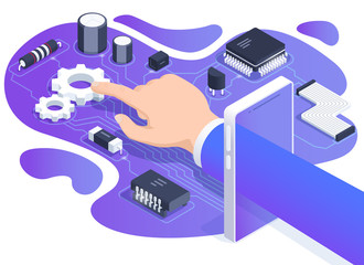 isometric vector image on a white background, the hand of a man in a business suit passes through the screen of a smartphone, gears and radio components on the board, repair and tuning of electronics