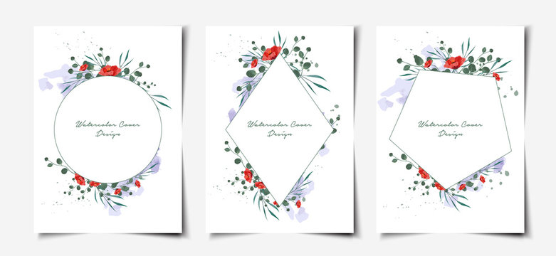 Set of geometric minimal watercolor floral cover template
