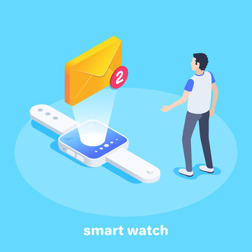 isometric vector image on a blue background, a man stands near a smart watch on the screen of which an envelope, email in a smartphone