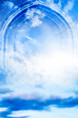 blue mystic angelic magic spiritual background with gate sky, divine light and blue tonality 
