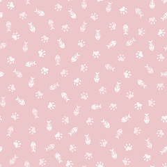 Seamless pattern with cat paw prints and fish bones