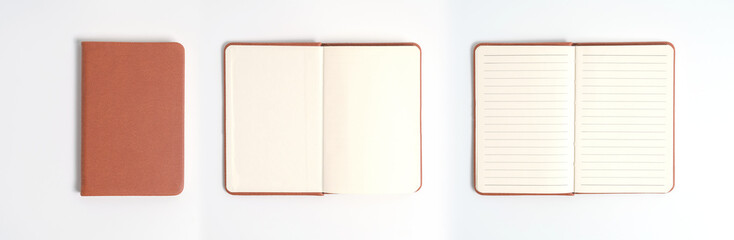 top view blank orange leather diary on white desk