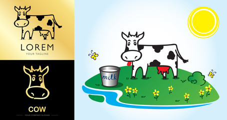Cow Funny Cute Logo Icon. Emblem with Cow with Milk Bucket. Vector illustration