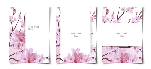 Set of pink cherry blossom flat cover template layout