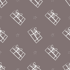 Fototapeta na wymiar Seamless pattern with gift boxes and white stars. Hand drawing style of pattern. Good for for package design.