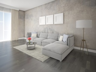 Mock up a spacious living room with a large corner sofa and an original hipster background.