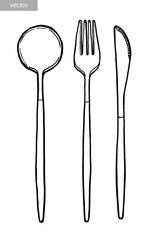 Cutlery, spoon, fork, knife. Ink hand drawing. Black and white. Food, vegetables and fruit isolated on white background. Book illustration, recipe, menu, magazine or journal article. Top view.