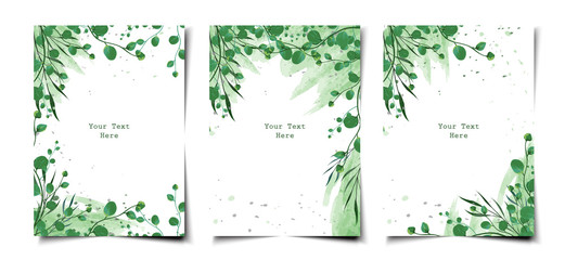 Set of watercolor green floral foliage cover, banner, invitation template layout