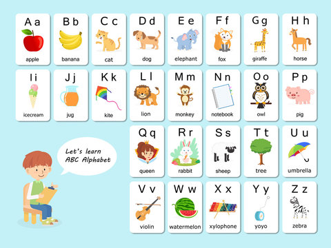 Kawaii English vocabulary and alphabet flash card vector for kids to help  learning and education in kindergarten children. Words of letter abc to z  ,each card isolated on white background. Stock Vector