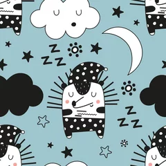  Kinderachtig naadloos patroon met schattige slapende egel, maan, sterren, wolken. Kwekerij goede nacht achtergrond. Geweldig voor kinderkleding, stof, textiel, inpakpapier. Vectorillustratie. © Nursery Art