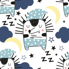 Childish Seamless pattern with cute sleeping hedgehog, moon, stars, clouds. Nursery good night background. Great for kids apparel, pajama, fabric, textile, wrapping paper.Vector Illustration.