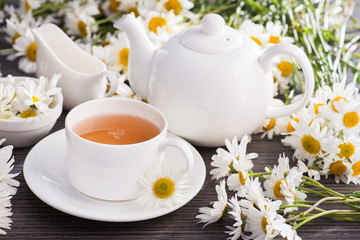 Cup of chamomile herbal tea with flowers
