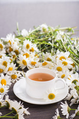 Cup of chamomile herbal tea with flowers