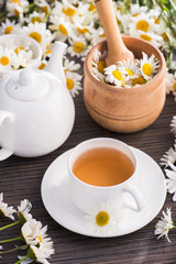 Obraz na płótnie Canvas Cup of chamomile herbal tea with flowers