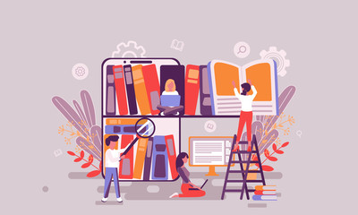 Flat web page design template of book library homepage or header decorated people character for website and mobile website development. Flat landing page template. Vector illustration.