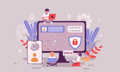 Flat web page design template of data protection homepage or header decorated people character for website and mobile website development. Flat landing page template. Vector illustration.