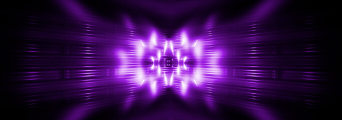 Empty stage. Violet neon, abstract blue background. Rays of searchlights, light, abstract tunnel,...